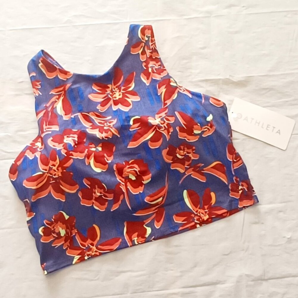 NWT ATHLETA M Blue Floral Multi Conscious Printed Crop Top Sports Bra D - DD